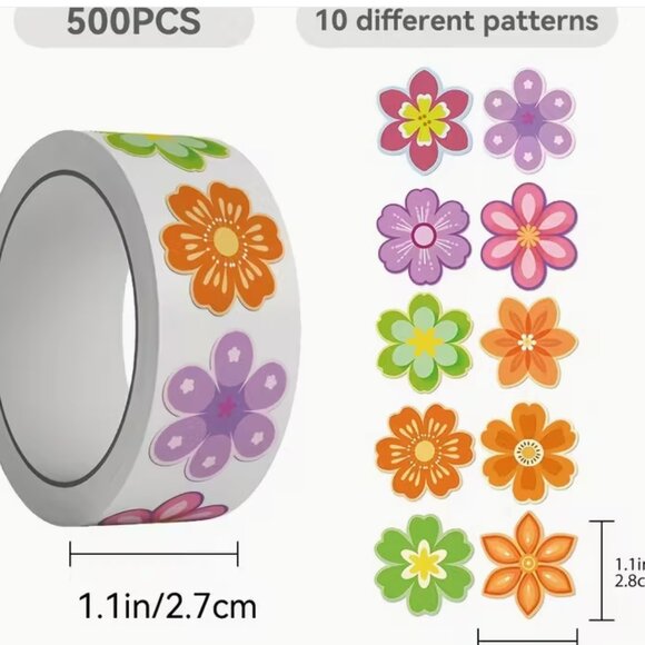 1 Roll of 500pcs Flower Stickers - Colorful Cartoon Floral Designs - Picture 2 of 4
